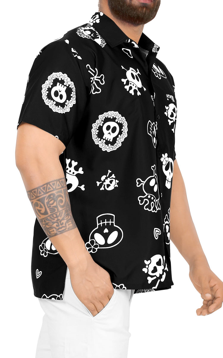 La Leela Men's Causal Halloween Skull Cross & Pirates Printed Bright Blue  Shirt  Beach Hawaiian Shirts, Sarongs, Dresses, Caftans, Kaftans,  Cardigans, Kimonos for Men & Women