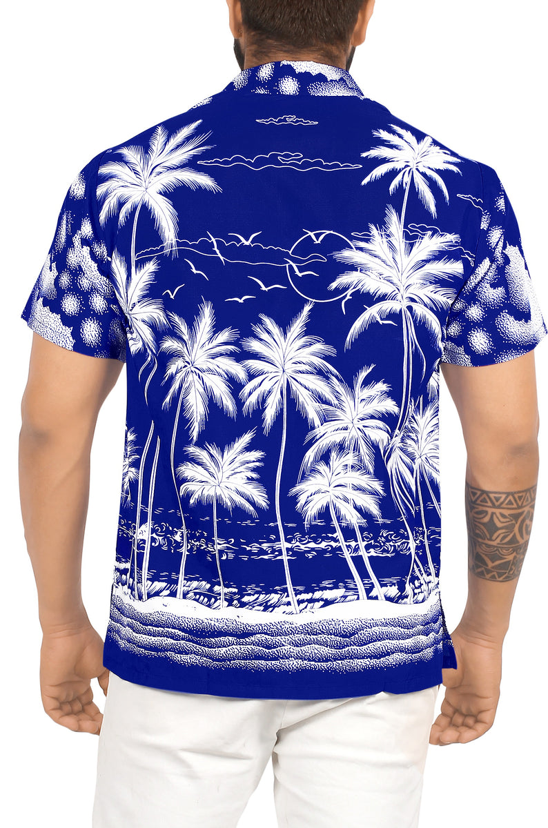 LA LEELA Men Regular Beach Casual hawaiian Shirt for Aloha Tropical Beach  front Short sleeve Palm Tree Printed Blue