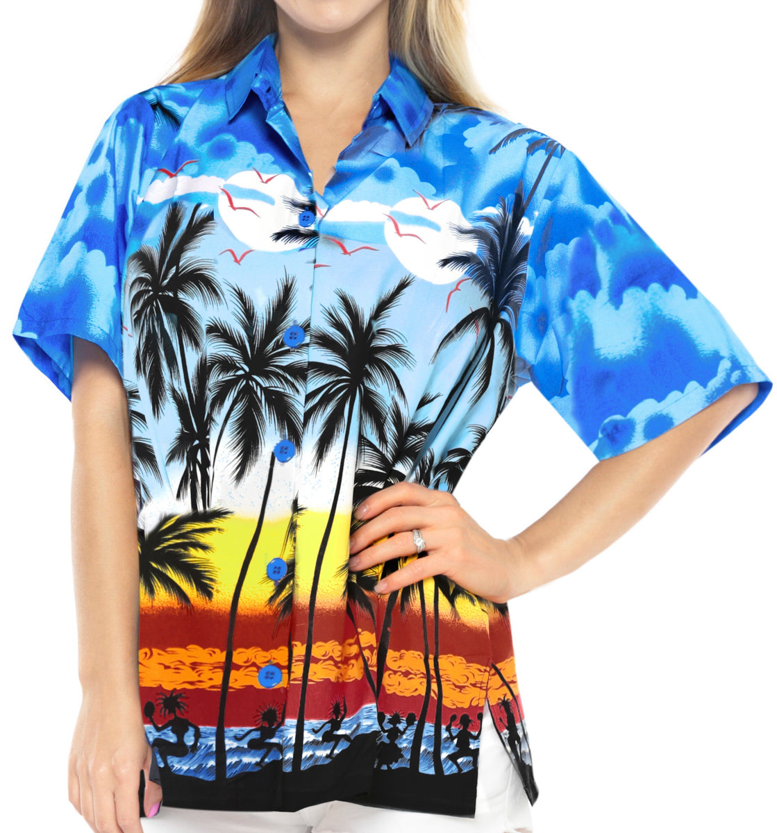 LA LEELA Women's Summer Beach Blouse Button up Relaxed Camp Casual Shirt  Leafy 1890  Beach Hawaiian Shirts, Sarongs, Dresses, Caftans, Kaftans,  Cardigans, Kimonos for Men & Women