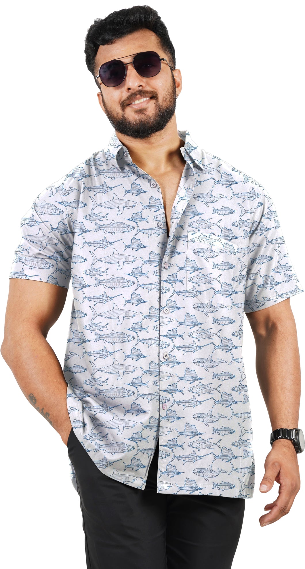 Oceanic Opulence White And Blue Shark Fish Printed Rayon Men's Shirt