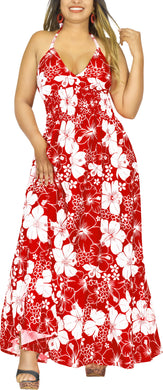 Scarlet Red Floral Print Halter Neck Long  Dress For Women