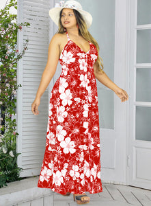 Scarlet Red Floral Print Halter Neck Long  Dress For Women