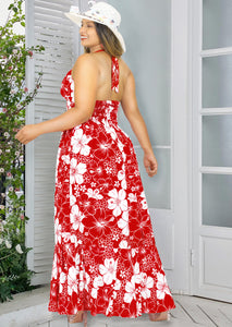 Scarlet Red Floral Print Halter Neck Long  Dress For Women