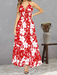 Scarlet Red Floral Print Halter Neck Long  Dress For Women