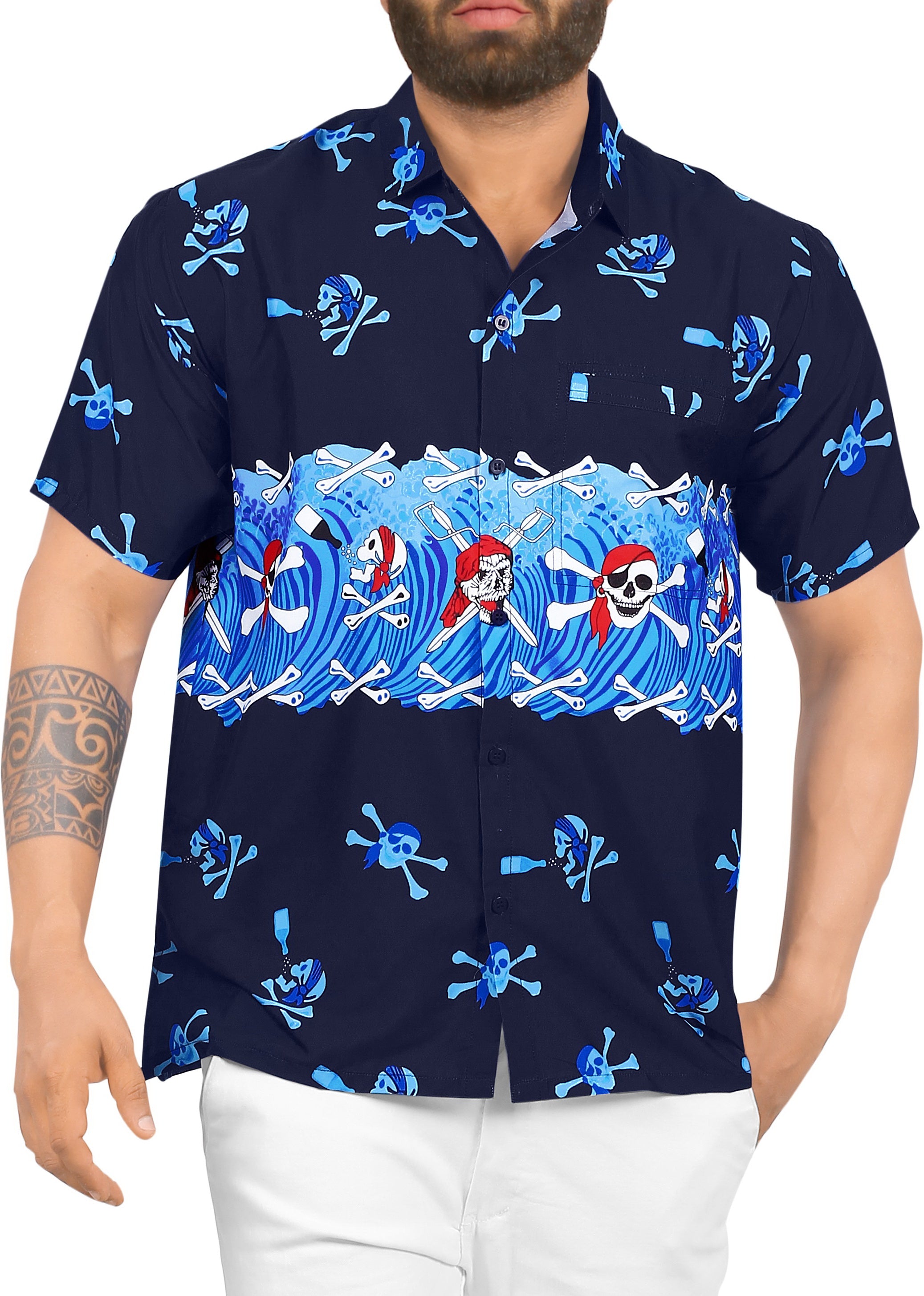 La Leela Men's Causal Halloween Skull Cross & Pirates Printed Bright Blue  Shirt  Beach Hawaiian Shirts, Sarongs, Dresses, Caftans, Kaftans,  Cardigans, Kimonos for Men & Women