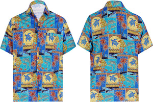 Allover Collage Mini Palm Tree Turtle and Dolphin Printed Hawaiian Beach Shirt For Men