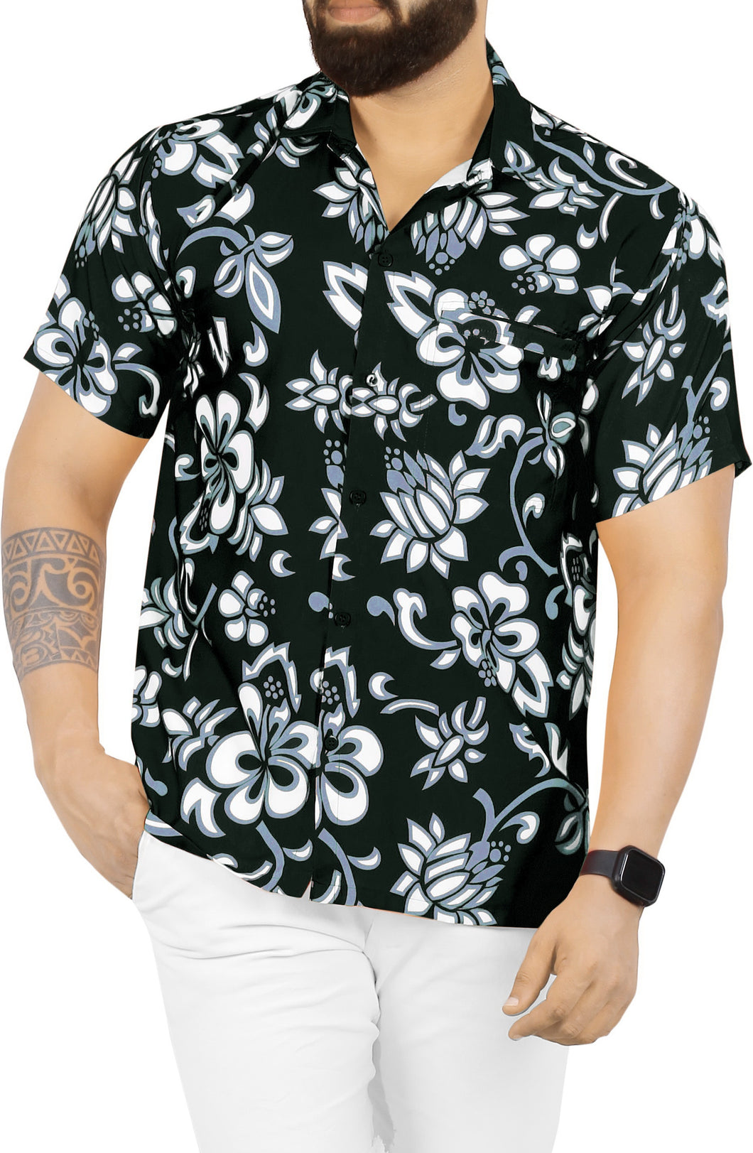 La Leela Aloha Floral Hawaiian Black Shirt For Men