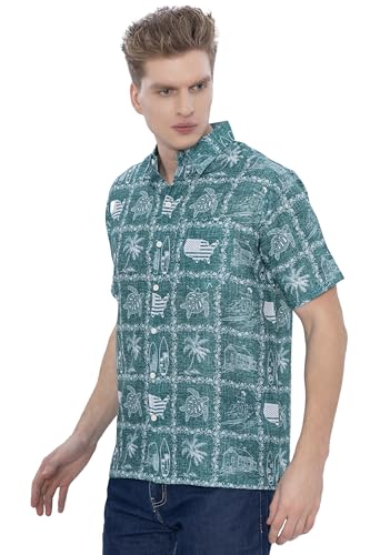 4th of July USA Map Flag and Turtle Printed Linen Effect Shirt For Men Green