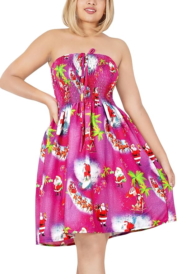 LA LEELA Women's Christmas Halter Neck Sundress Strapless Dress One Size Pink