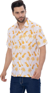 Tropical Vibes White & Yellow Pineapple and Palm Tree Printed Linen Effect Men's Shirt