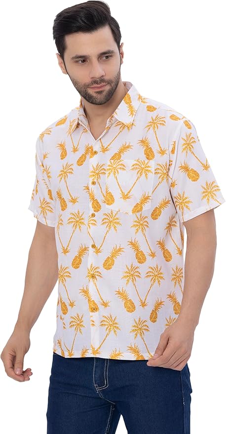 Tropical Vibes White & Yellow Pineapple and Palm Tree Printed Linen Effect Men's Shirt