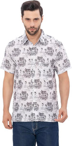 Tropical Tranquility White & Black Island and Swordfish Printed Linen Effect Men's Shirt