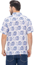 Cargar imagen en el visor de la galería, Tropical Tranquility White &amp; Royal Blue Island and Swordfish Printed Linen Effect Men&#39;s Shirt