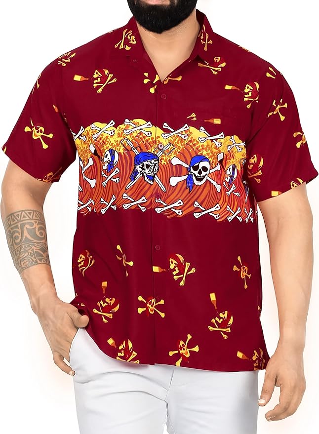 LA LEELA Men Regular Size Beach hawaiian Shirt Aloha Tropical Beach  front Pocket Short sleeve Red P00027