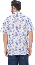 Cargar imagen en el visor de la galería, Tropical Tranquility White &amp; Royal Blue Palm Tree Printed Linen Effect Men&#39;s Shirt