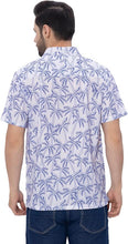 Cargar imagen en el visor de la galería, Tropical Allover Blue Palm Tree Printed White Men&#39;s Linen Effect Shirt