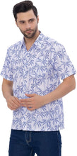 Cargar imagen en el visor de la galería, Tropical Allover Blue Palm Tree Printed White Men&#39;s Linen Effect Shirt