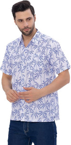 Tropical Allover Blue Palm Tree Printed White Men's Linen Effect Shirt