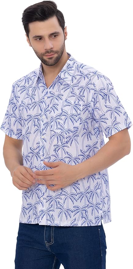 Tropical Allover Blue Palm Tree Printed White Men's Linen Effect Shirt