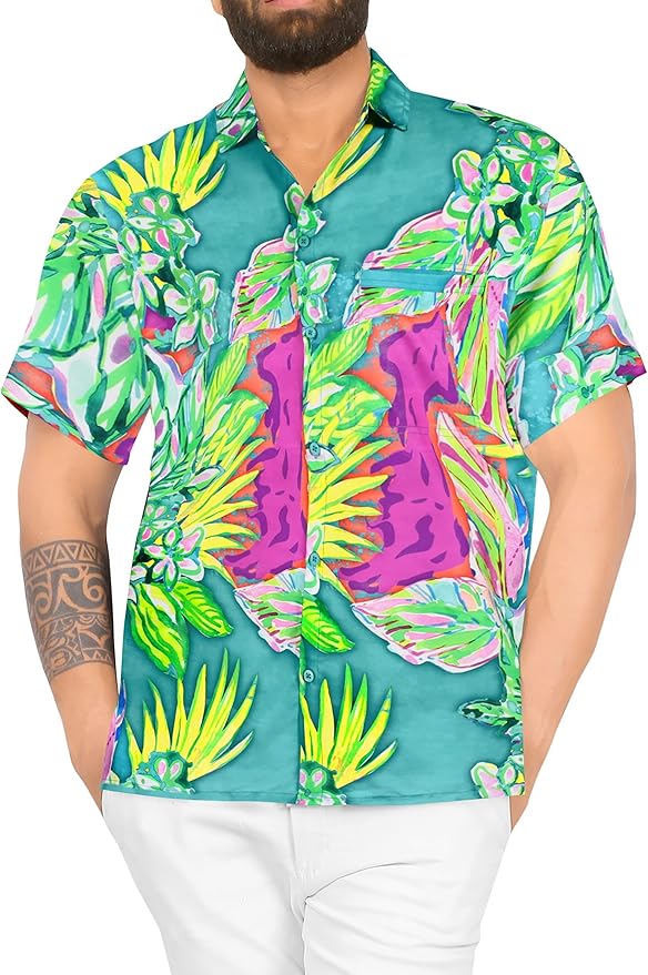 LA LEELA Men Regular Beach Casual hawaiian Shirt Sea Green Tropical P00105