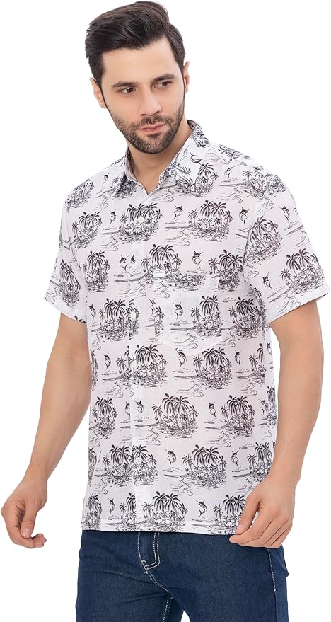 Tropical Tranquility White & Black Island and Swordfish Printed Linen Effect Men's Shirt