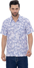 Cargar imagen en el visor de la galería, Tropical Allover Blue Palm Tree Printed White Men&#39;s Linen Effect Shirt