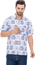 Cargar imagen en el visor de la galería, Tropical Tranquility White &amp; Royal Blue Island and Swordfish Printed Linen Effect Men&#39;s Shirt