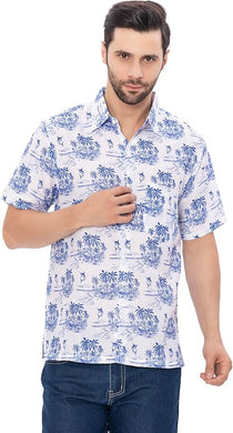 Tropical Tranquility White & Royal Blue Island and Swordfish Printed Linen Effect Men's Shirt