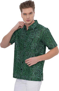 Green Wave Linen Effect Mens Textured Hawaiian Shirt