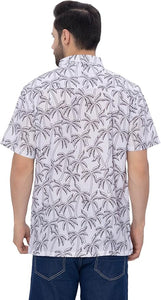 Tropical Allover Black Palm Tree Printed White Men's Linen Effect Shirt