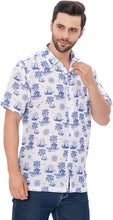 Cargar imagen en el visor de la galería, Tropical Tranquility White &amp; Royal Blue Palm Tree Printed Linen Effect Men&#39;s Shirt