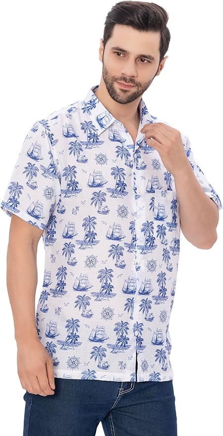 Tropical Tranquility White & Royal Blue Palm Tree Printed Linen Effect Men's Shirt