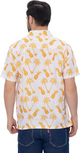 Tropical Vibes White & Yellow Pineapple and Palm Tree Printed Linen Effect Men's Shirt