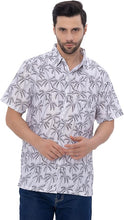 Cargar imagen en el visor de la galería, Tropical Allover Black Palm Tree Printed White Men&#39;s Linen Effect Shirt