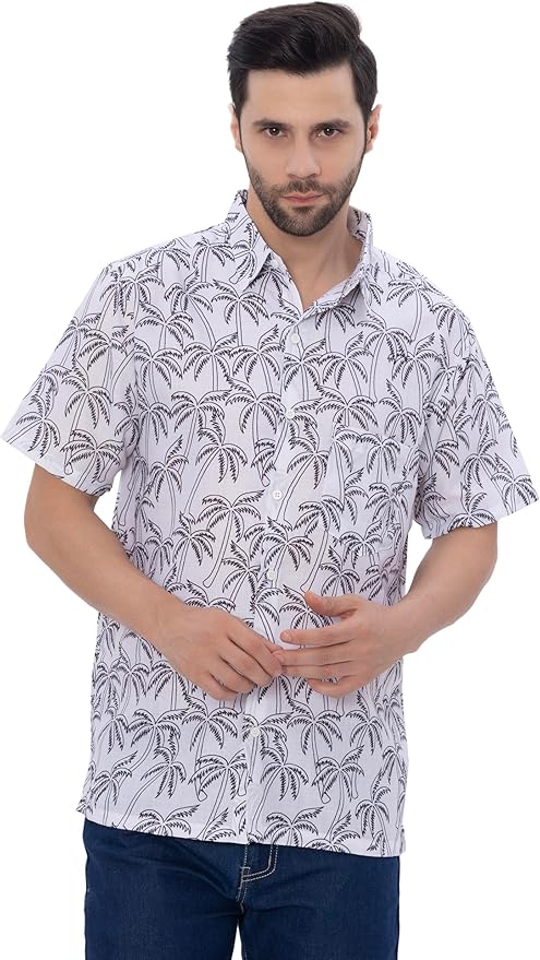 Tropical Allover Black Palm Tree Printed White Men's Linen Effect Shirt