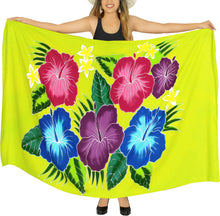 Load image into Gallery viewer, Shamrock Green Non-Sheer Hand Painted Hibiscus Floral and Leaves Beach Wrap For Women