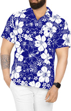 Load image into Gallery viewer, LA LEELA Mens Hawaiian Shirts Short Sleeve Button Down Shirt Floral Shirt Men Beach Casual Tropical Shirts for Men Funny Allover Hibiscus, Blue