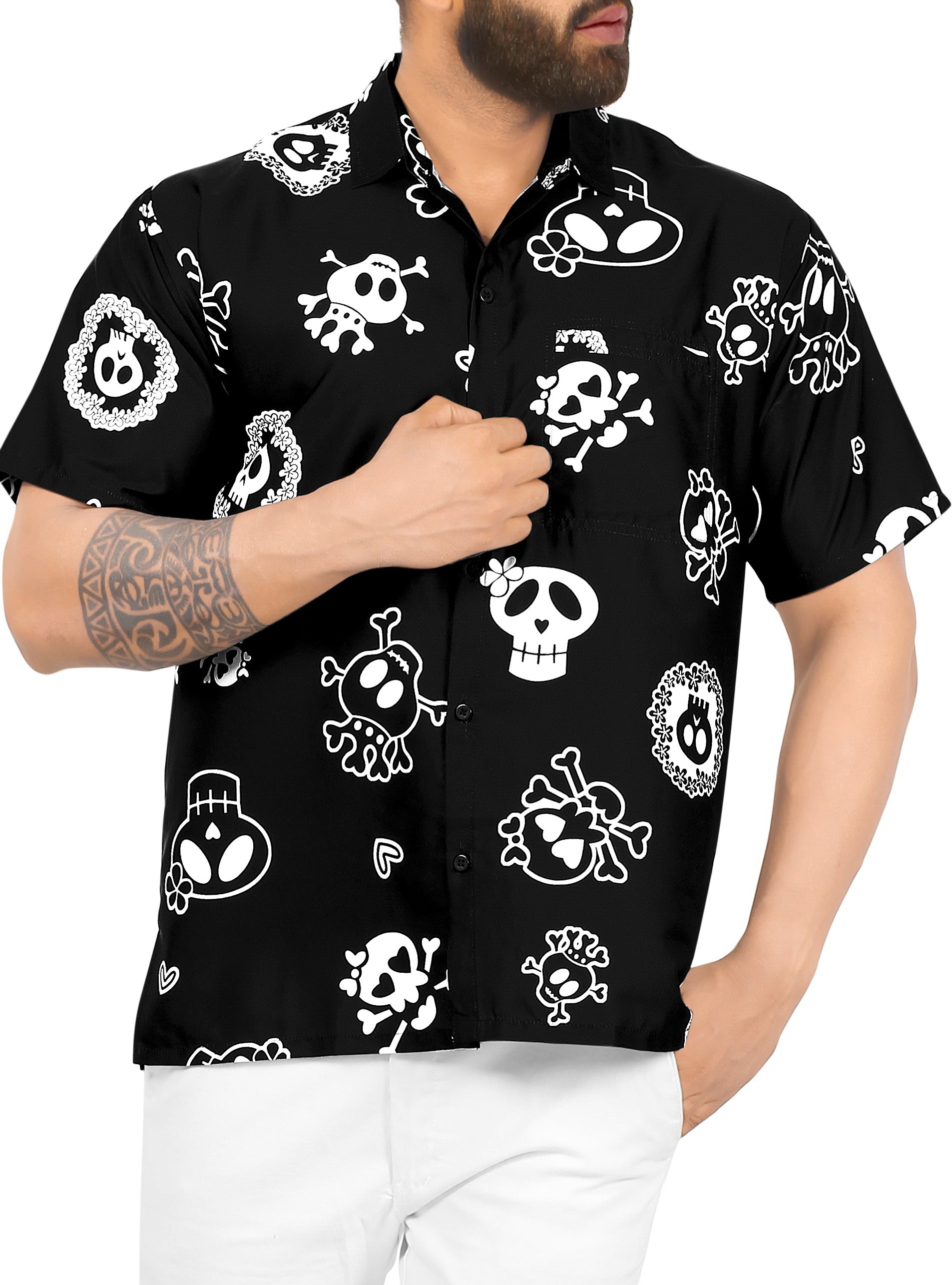 La Leela Men's Causal Halloween Skull Cross & Pirates Printed Black Shirt   Beach Hawaiian Shirts, Sarongs, Dresses, Caftans, Kaftans, Cardigans,  Kimonos for Men & Women