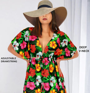 Black Non-Sheer Allover Floral and Leaves Printed V-Neck Beach Cover up For Women