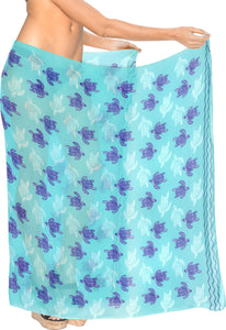 Turquoise Blue Sheer Allover Turtle Print Beach Wrap For Women