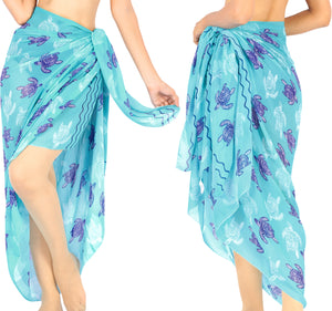 Turquoise Blue Sheer Allover Turtle Print Beach Wrap For Women