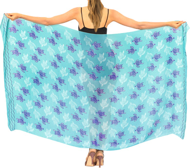 Turquoise Blue Sheer Allover Turtle Print Beach Wrap For Women