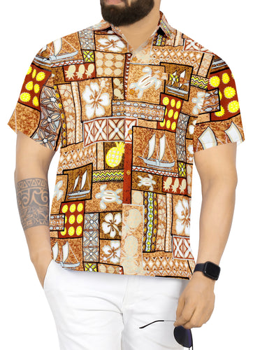 LA LEELA Men's Hawaiian Shirt Holiday Tropical Hawaii Collage Autumn Brown