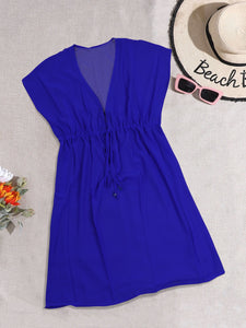 Royal Blue Sheer Solid V-Neck Beach Cover up For Women