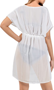 Elegant White Sheer Solid V-Neck Beach Cover Up For Women