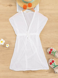 Elegant White Sheer Solid V-Neck Beach Cover Up For Women