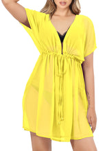 Cargar imagen en el visor de la galería, Radiant Sunshine Yellow Sheer Solid V-Neck Beach Cover up For Women