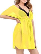 Cargar imagen en el visor de la galería, Radiant Sunshine Yellow Sheer Solid V-Neck Beach Cover up For Women