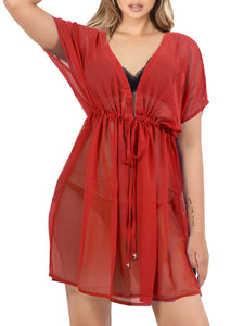 Effortless Elegant Red Sheer Solid V-Neck Beach Cover up For Women