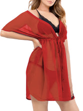 Cargar imagen en el visor de la galería, Effortless Elegant Red Sheer Solid V-Neck Beach Cover up For Women